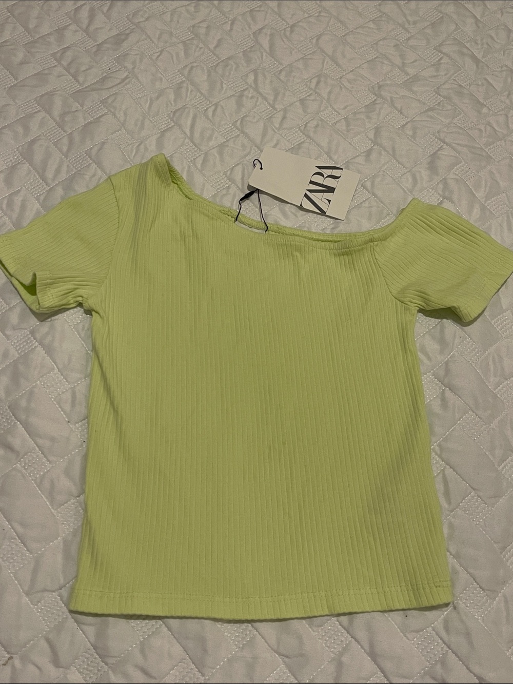 Zara Lime-Green Ribbed Off-Shoulder Short Sleeve Top